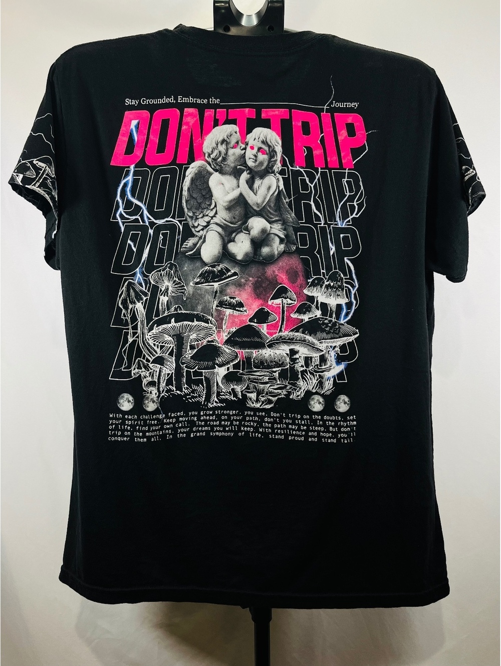 Black Graphic T-Shirt with Pink and White Mushroom and Angel Design, Size Large